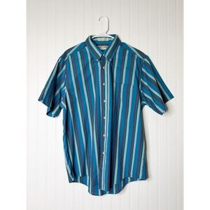 SaddleBred Striped Button Down Teal Shirt Men's Large Retro 90s Short Sleeve VTG